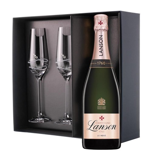 Lanson Le Rose Label Champagne 75cl And Flutes In Pine Wooden Gift Box